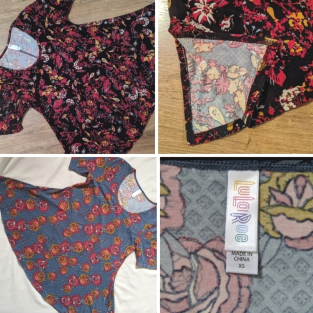 2 Lularoe Tops Lot Sm XS Tunic Floral Short Sleeves Blue Loose Flared Lot Of  2